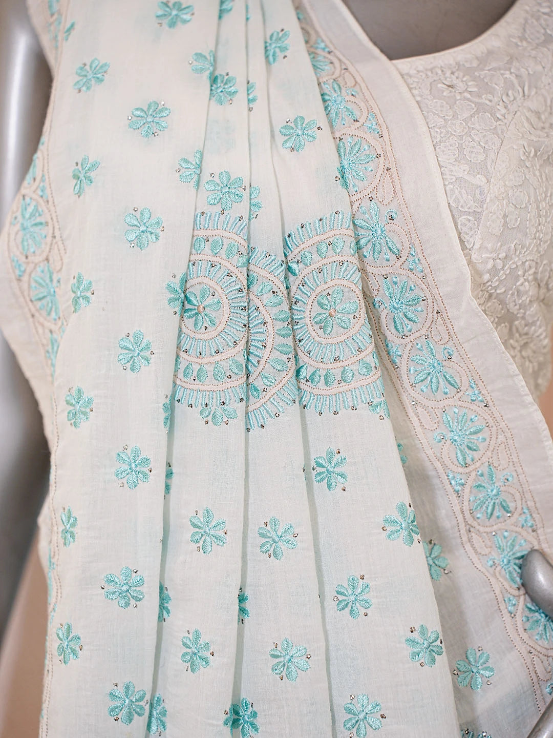 Ada Hand Embroidered White Cotton Lucknowi Chikankari Saree and Blouse With Mukaish Work 01A511055