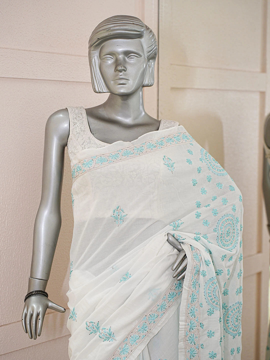 Ada Hand Embroidered White Cotton Lucknowi Chikankari Saree and Blouse With Mukaish Work 01A511055