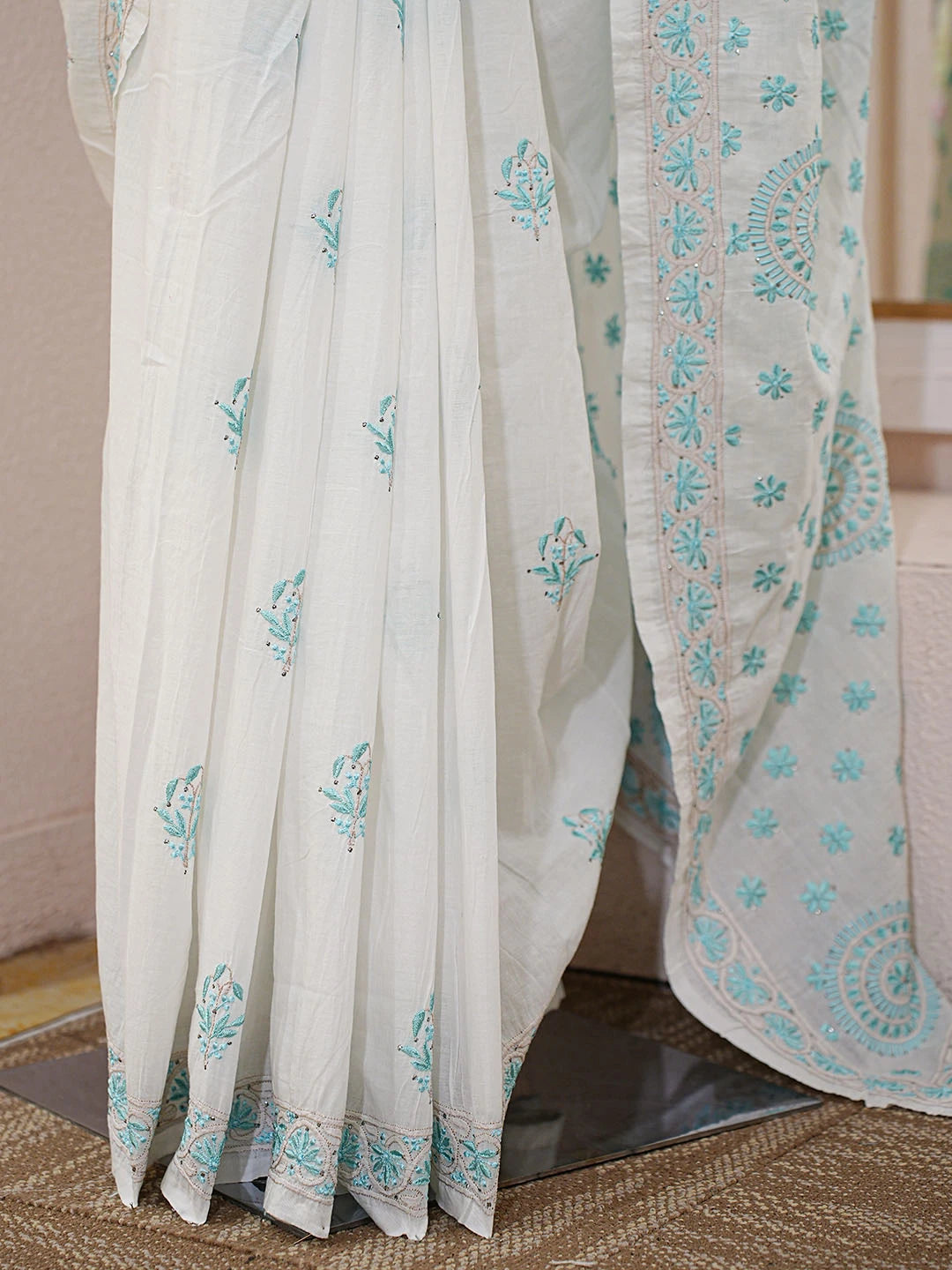 Ada Hand Embroidered White Cotton Lucknowi Chikankari Saree and Blouse With Mukaish Work 01A511055