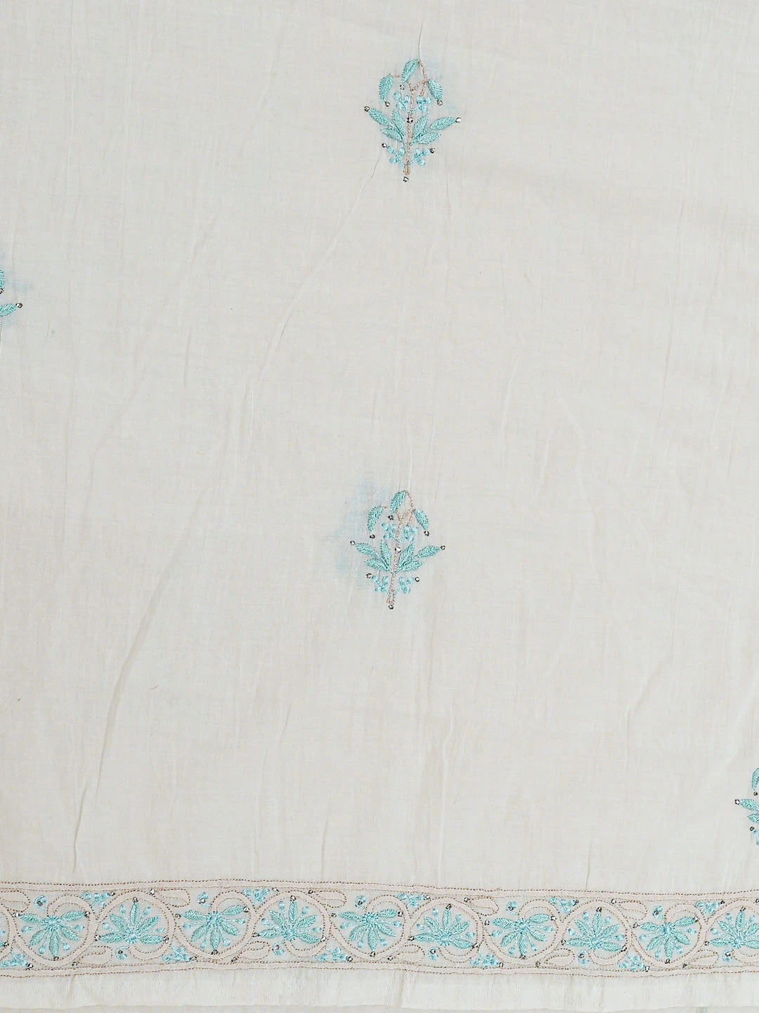 Ada Hand Embroidered White Cotton Lucknowi Chikankari Saree and Blouse With Mukaish Work 01A511055