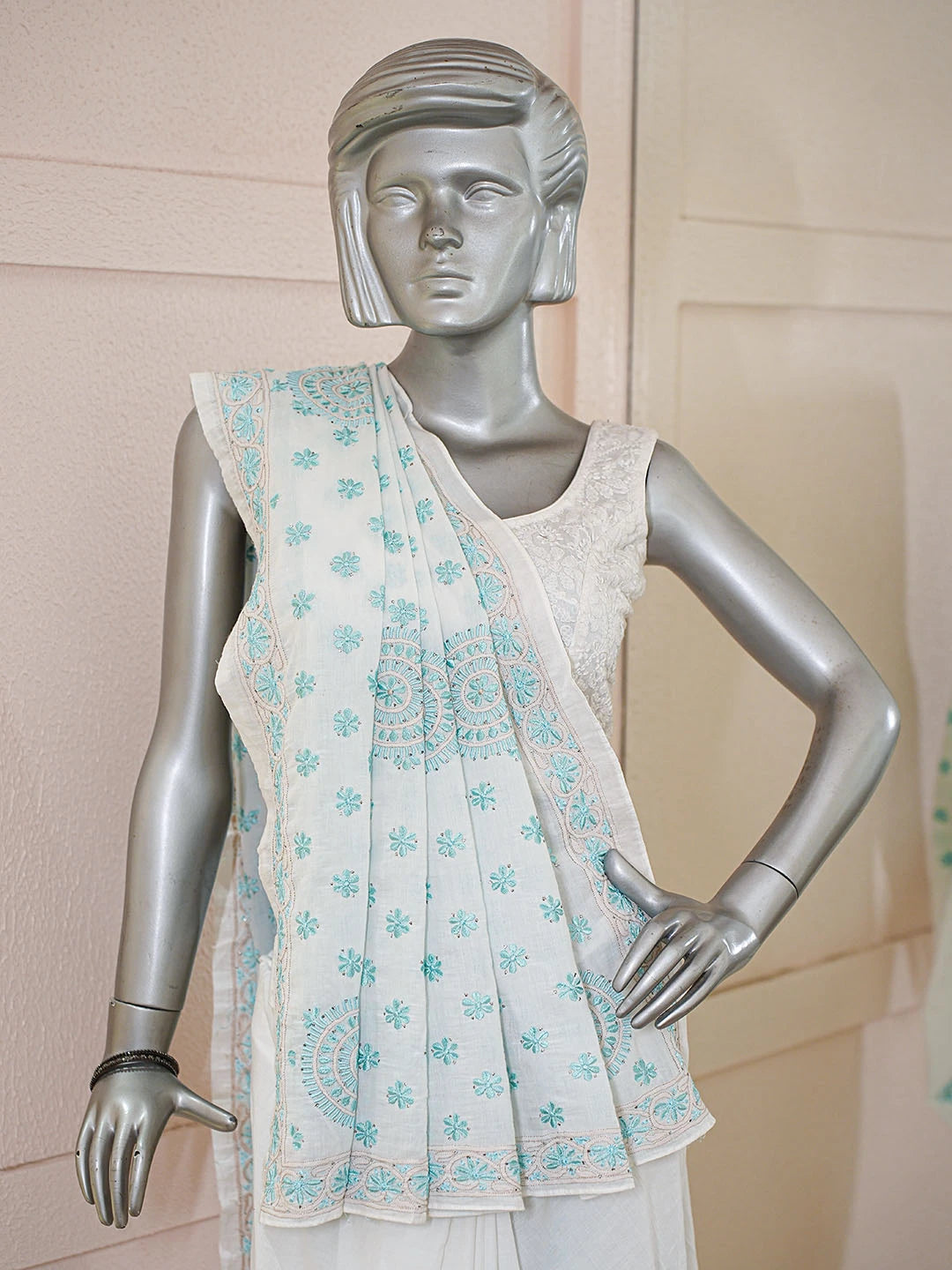 Ada Hand Embroidered White Cotton Lucknowi Chikankari Saree and Blouse With Mukaish Work 01A511055