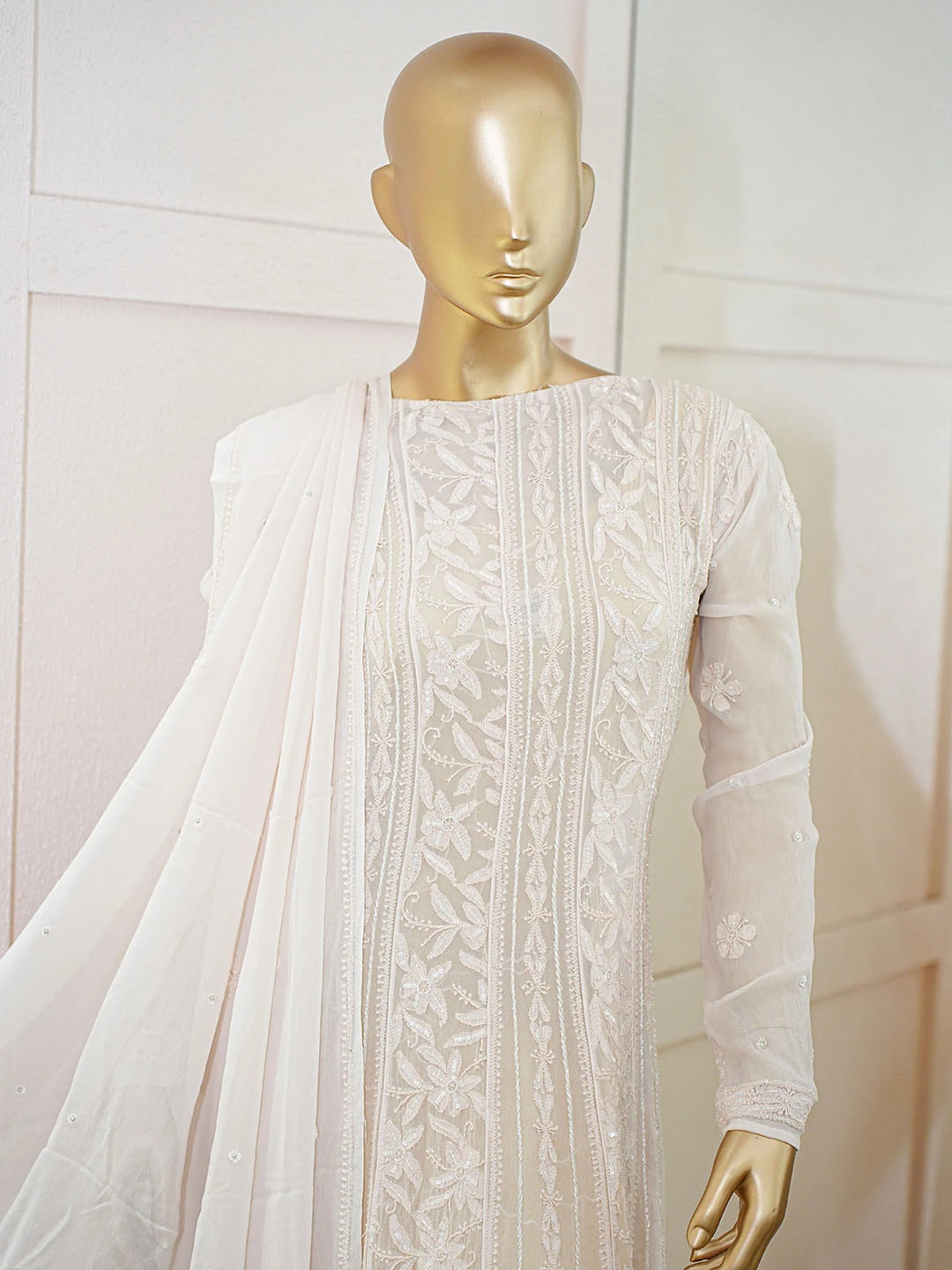 Ada Hand Embroidered Powder Pink Viscose Georgette Lucknowi Chikankari Semi-Stitched Anarkali Kurta Dupatta Set With Cutdana Work 01A477871