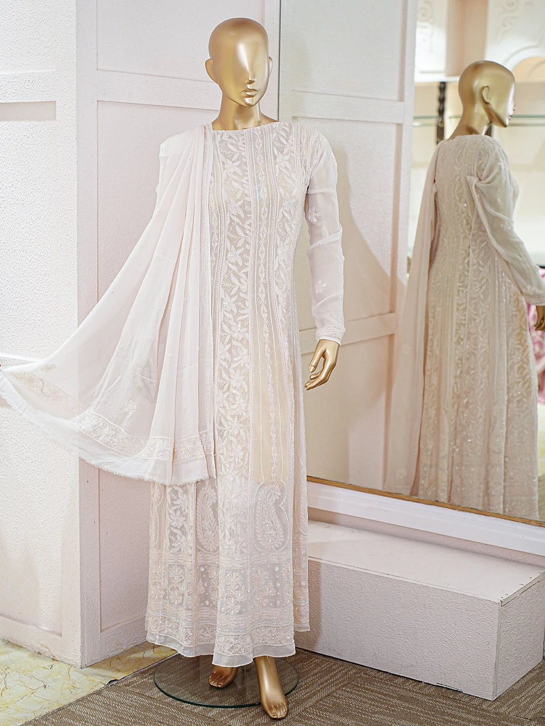 Ada Hand Embroidered Powder Pink Viscose Georgette Lucknowi Chikankari Semi-Stitched Anarkali Kurta Dupatta Set With Cutdana Work 01A477871