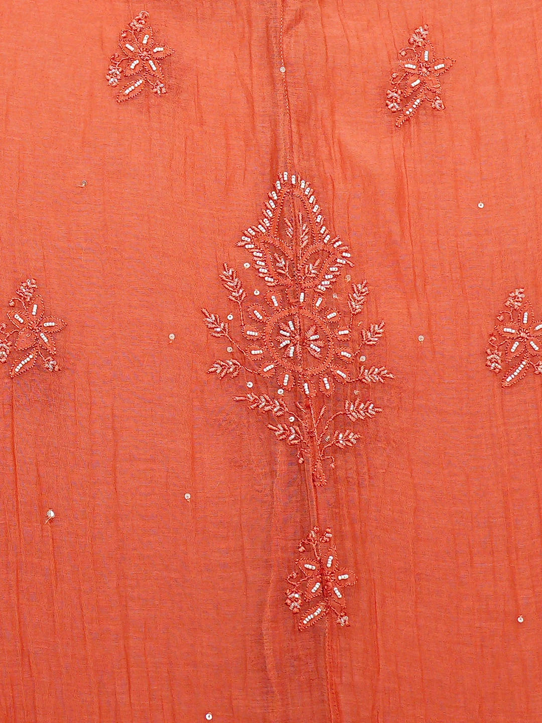 Ada Hand Embroidered Rust Mulmul Cotton Lucknowi Chikankari Semi-Stitched Anarkali Kurta Dupatta Set With Cutdana Work 01A621401