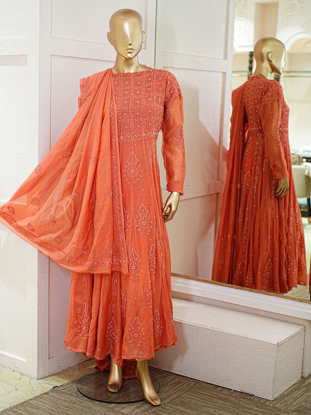 Ada Hand Embroidered Rust Mulmul Cotton Lucknowi Chikankari Semi-Stitched Anarkali Kurta Dupatta Set With Cutdana Work 01A621401