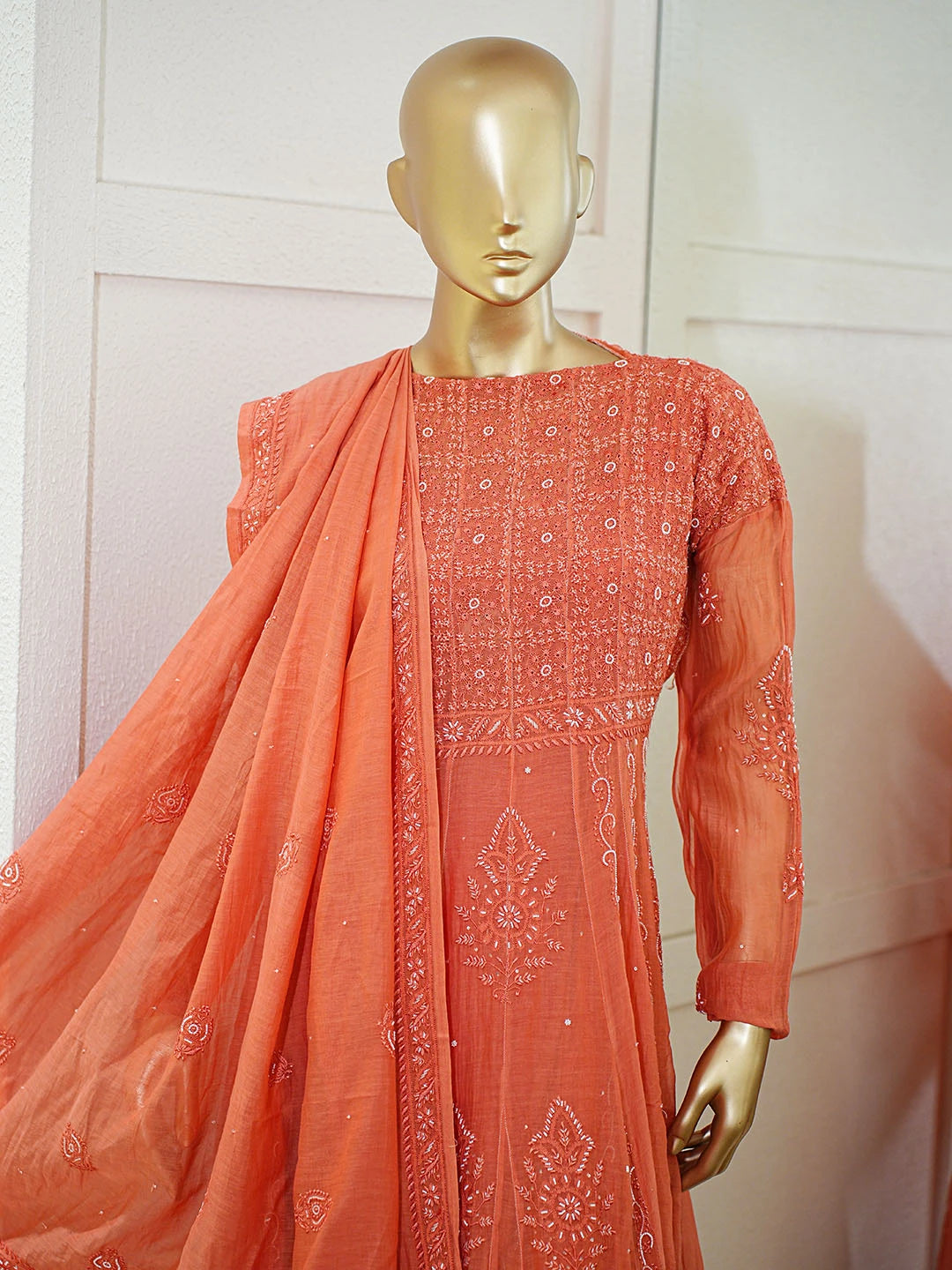 Ada Hand Embroidered Rust Mulmul Cotton Lucknowi Chikankari Semi-Stitched Anarkali Kurta Dupatta Set With Cutdana Work 01A621401
