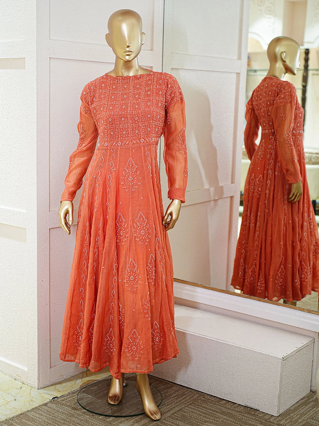 Ada Hand Embroidered Rust Mulmul Cotton Lucknowi Chikankari Semi-Stitched Anarkali Kurta Dupatta Set With Cutdana Work 01A621401