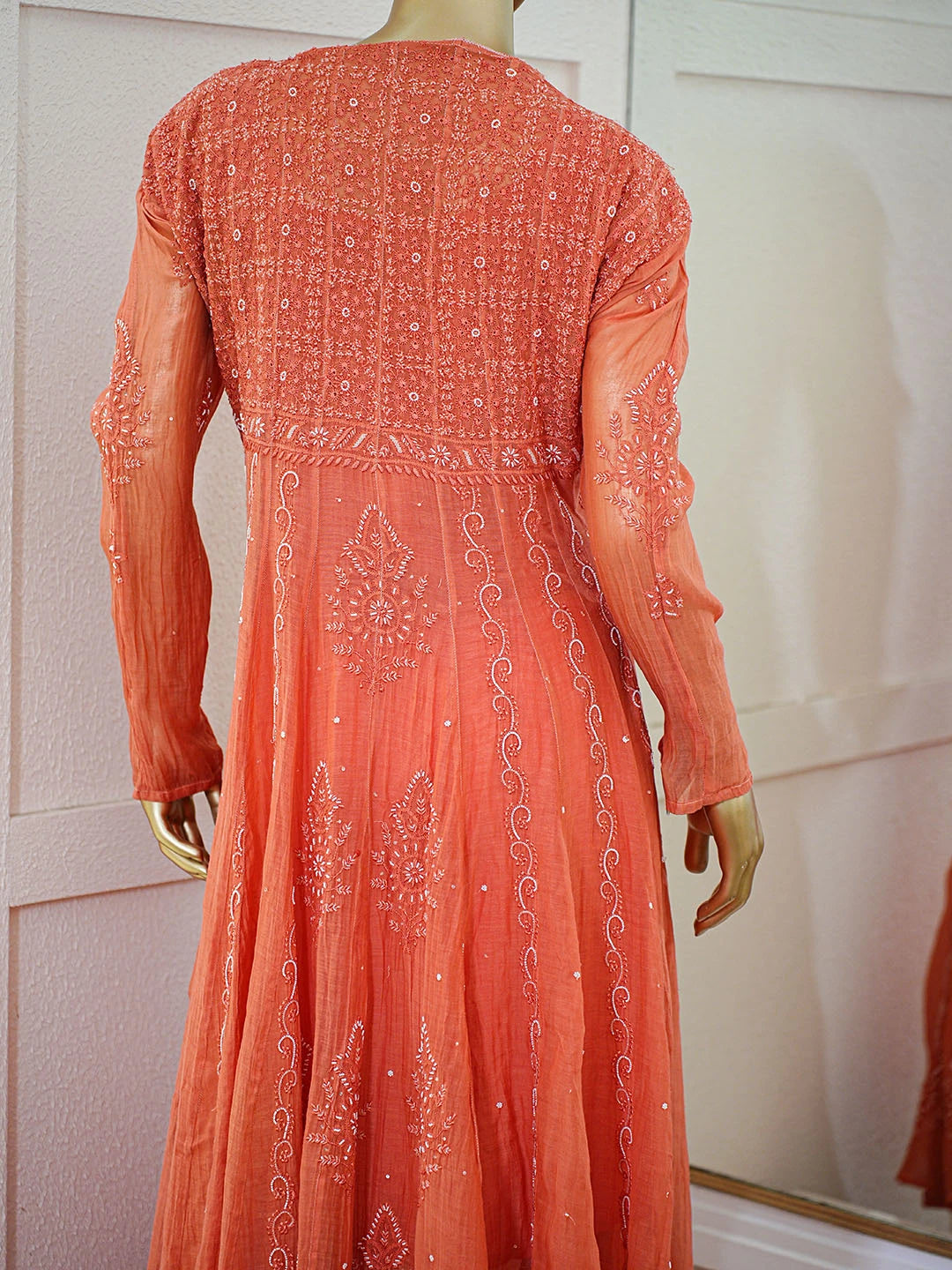 Ada Hand Embroidered Rust Mulmul Cotton Lucknowi Chikankari Semi-Stitched Anarkali Kurta Dupatta Set With Cutdana Work 01A621401