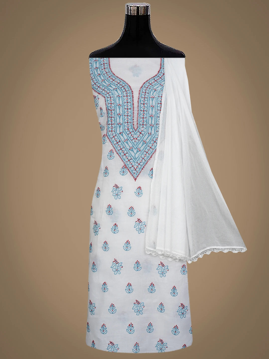 Ada Hand Embroidered White Cotton Lucknowi Chikankari Unstitched Suit Piece 01A861536