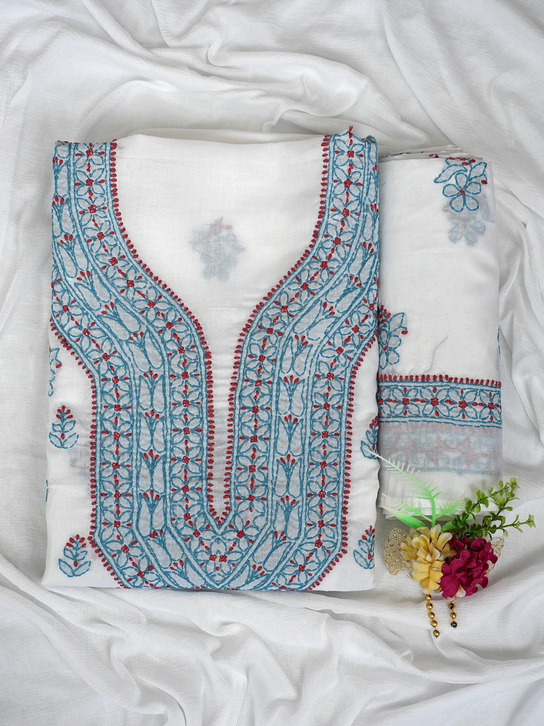 Ada Hand Embroidered White Cotton Lucknowi Chikankari Unstitched Suit Piece 01A861536