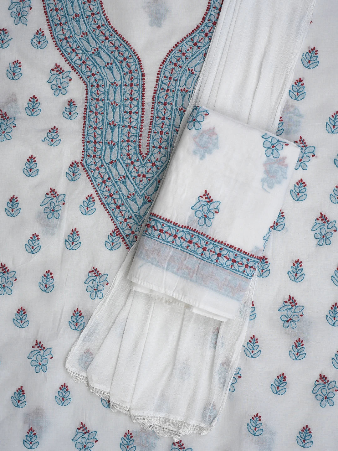 Ada Hand Embroidered White Cotton Lucknowi Chikankari Unstitched Suit Piece 01A861536