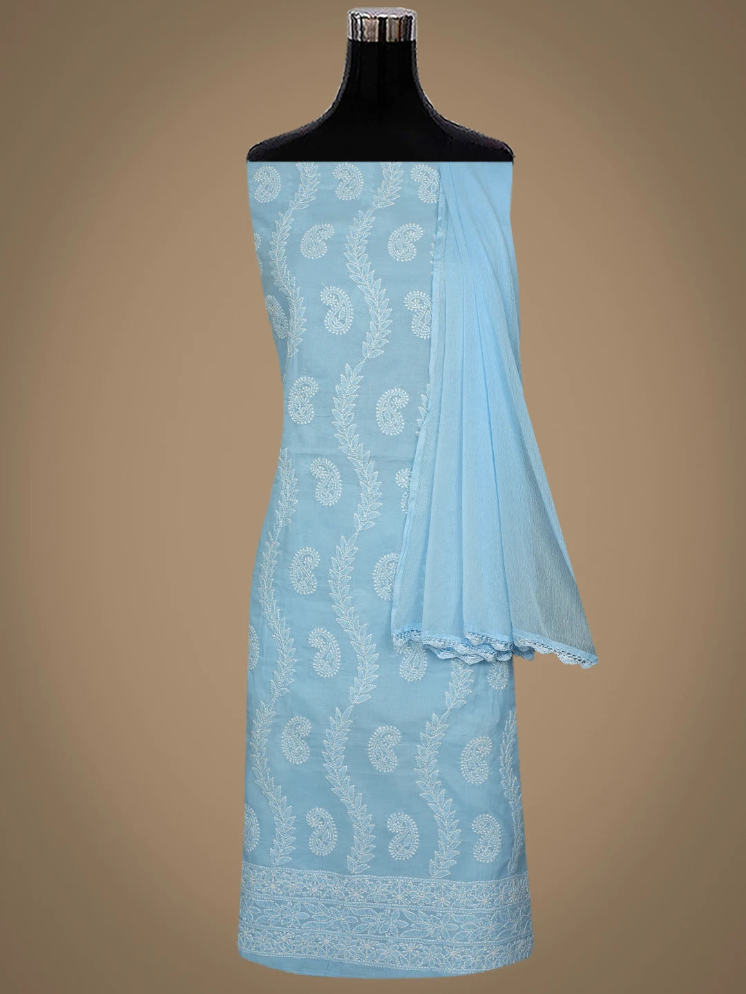 Ada Hand Embroidered Blue Cotton Lucknowi Chikankari Unstitched Suit Piece 01A861447