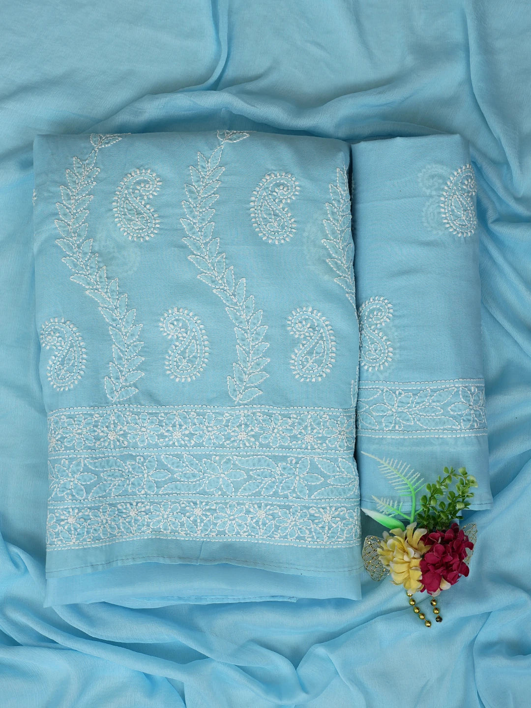 Ada Hand Embroidered Blue Cotton Lucknowi Chikankari Unstitched Suit Piece 01A861447
