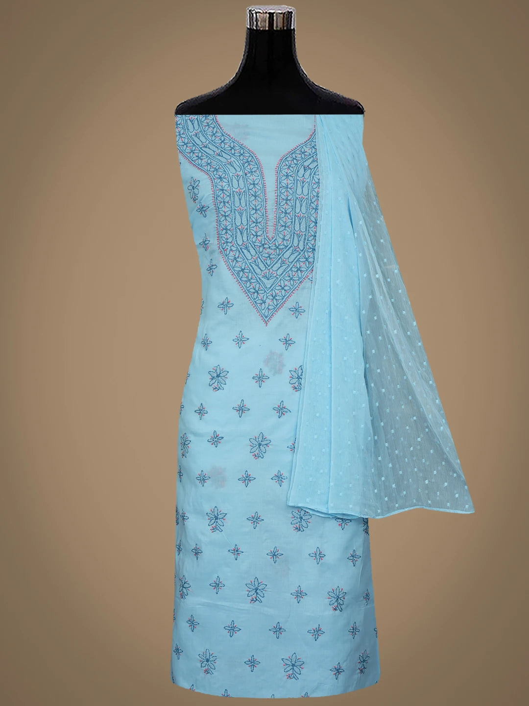 Ada Hand Embroidered Blue Cotton Lucknowi Chikankari Unstitched Suit Piece 01A861509