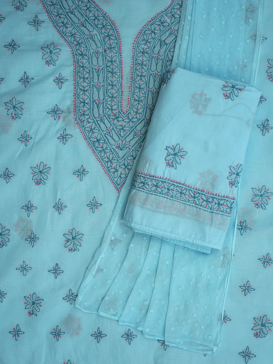 Ada Hand Embroidered Blue Cotton Lucknowi Chikankari Unstitched Suit Piece 01A861509