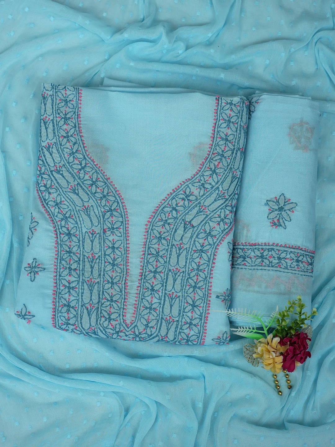 Ada Hand Embroidered Blue Cotton Lucknowi Chikankari Unstitched Suit Piece 01A861509