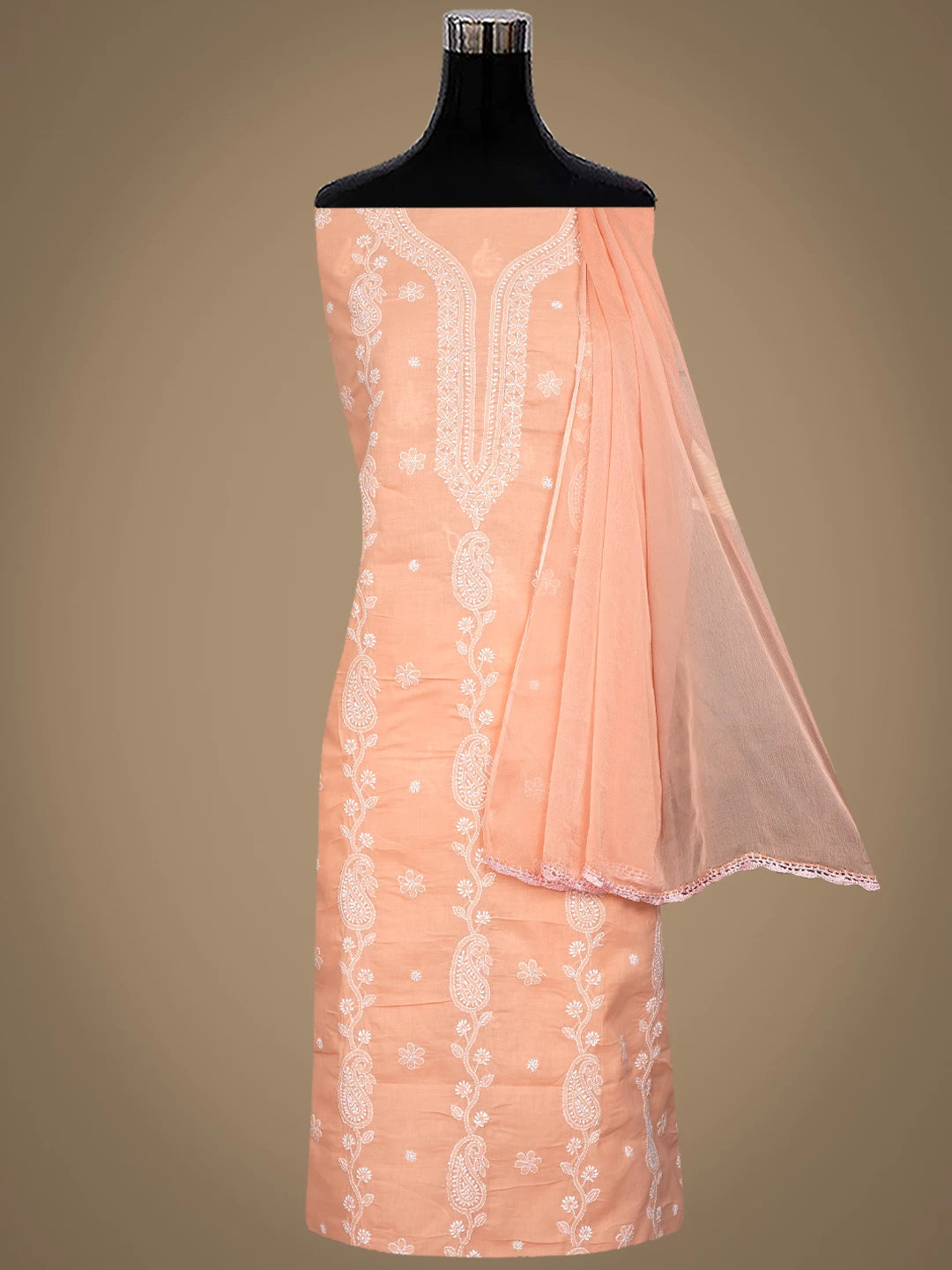 Ada Hand Embroidered Peach Cotton Lucknowi Chikankari Unstitched Suit Piece 01A861476