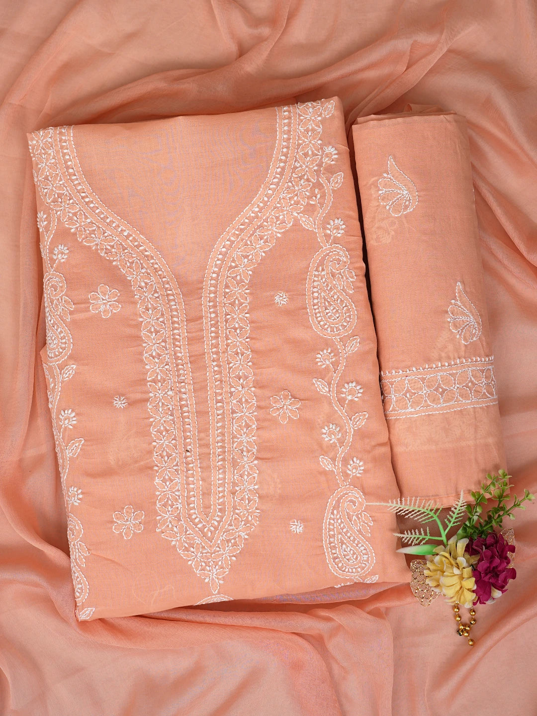 Ada Hand Embroidered Peach Cotton Lucknowi Chikankari Unstitched Suit Piece 01A861476