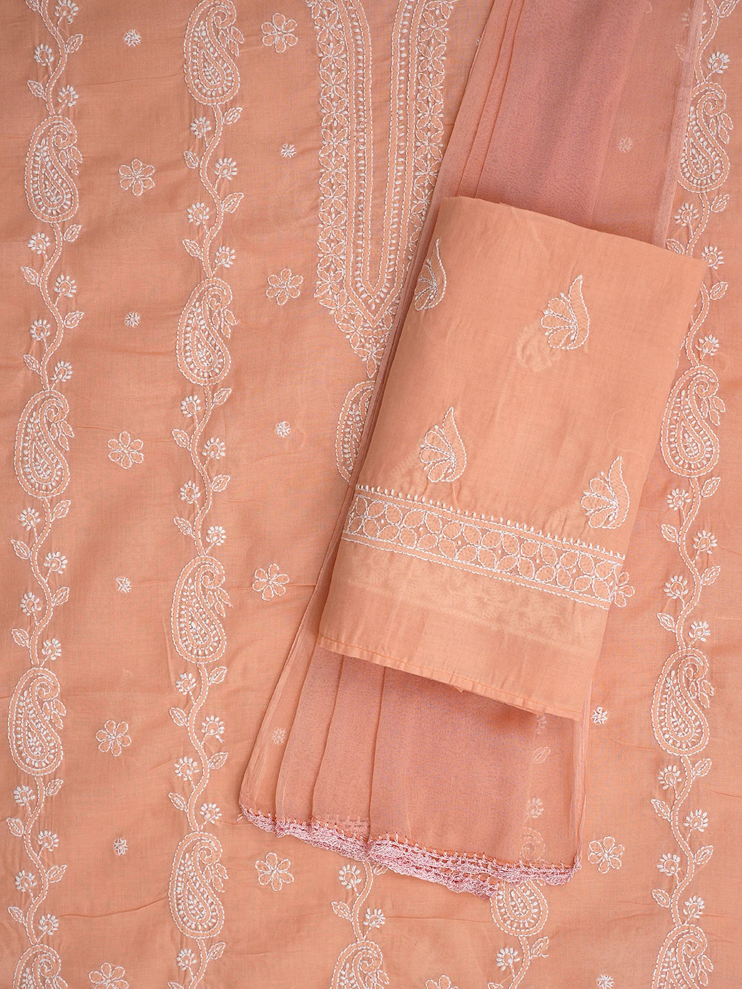 Ada Hand Embroidered Peach Cotton Lucknowi Chikankari Unstitched Suit Piece 01A861476