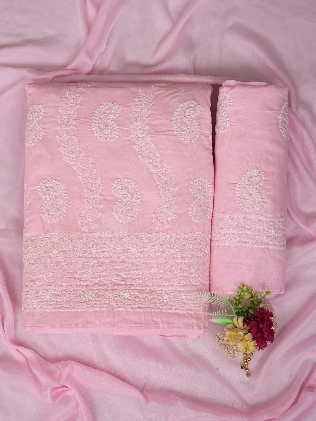 Ada Hand Embroidered Pink Cotton Lucknowi Chikankari Unstitched Suit Piece 01A861436