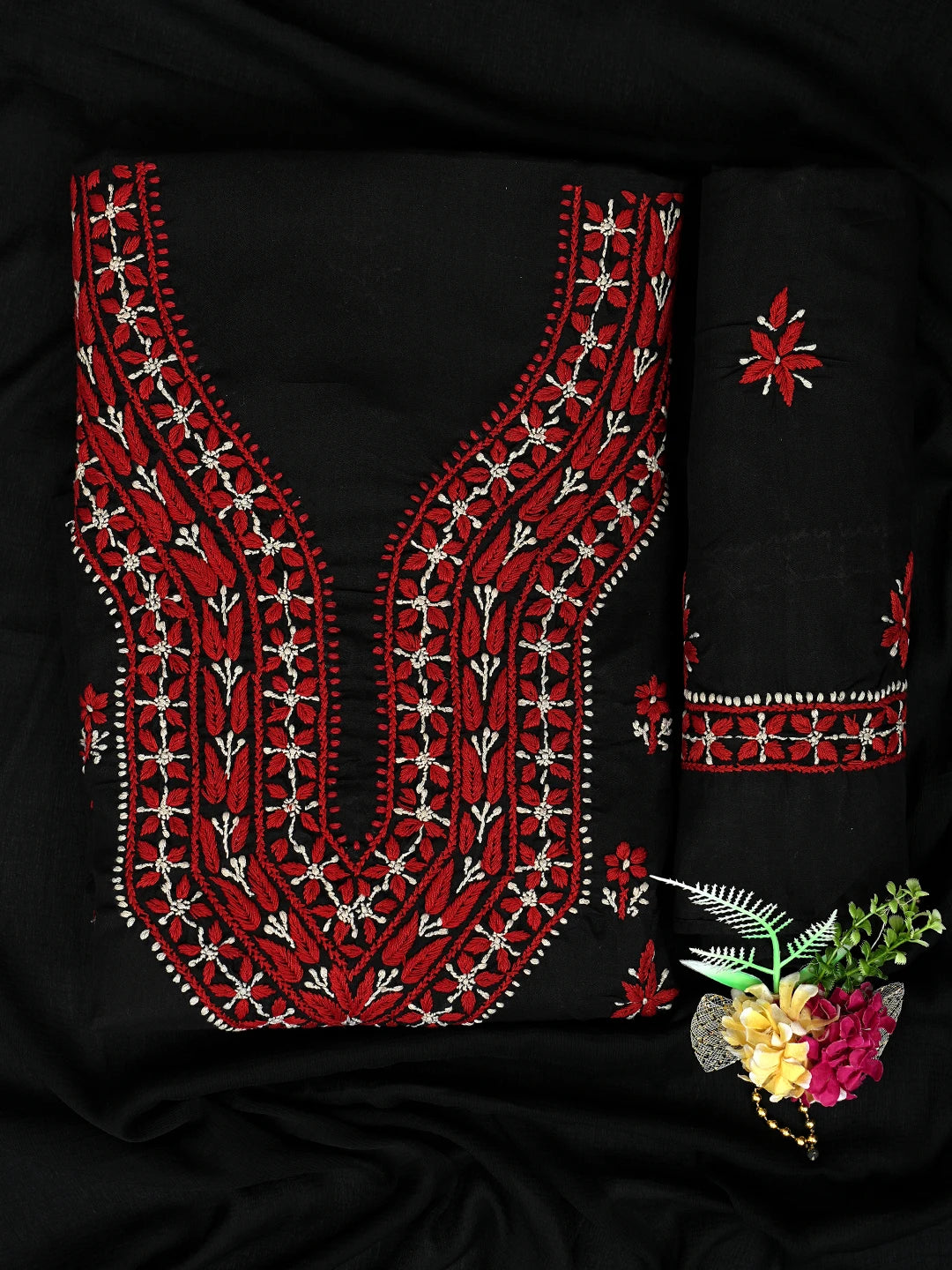 Ada Hand Embroidered Black Cotton Lucknowi Chikankari Unstitched Suit Set 01A861517
