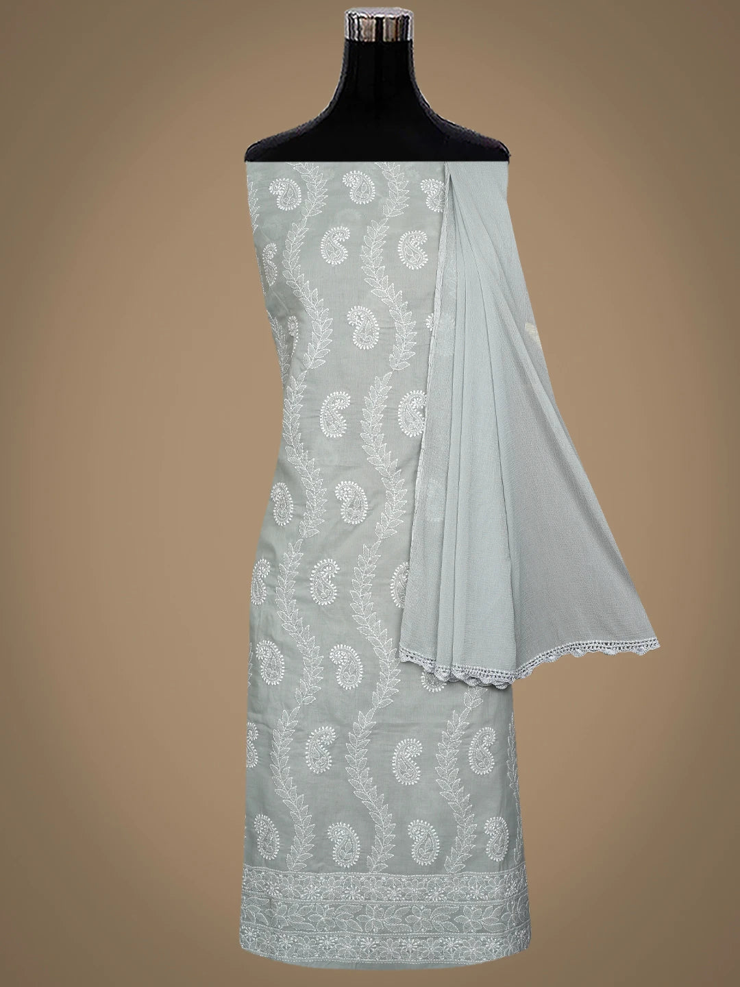Ada Hand Embroidered Grey Cotton Lucknowi Chikankari Unstitched Suit Piece 01A861410