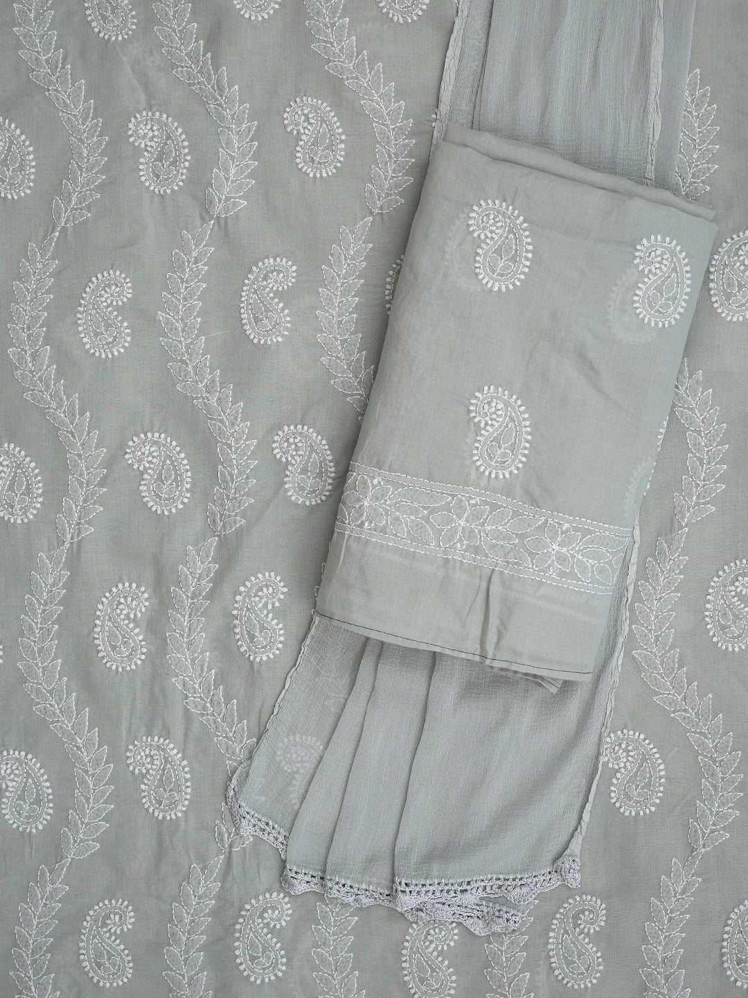 Ada Hand Embroidered Grey Cotton Lucknowi Chikankari Unstitched Suit Piece 01A861410