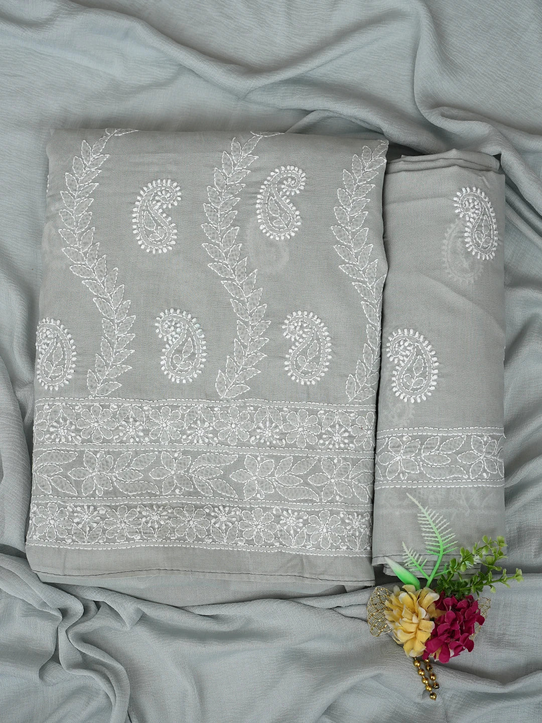 Ada Hand Embroidered Grey Cotton Lucknowi Chikankari Unstitched Suit Piece 01A861410