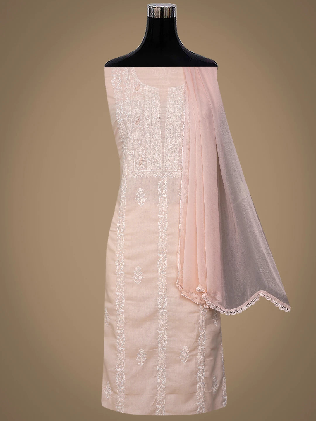 Ada Hand Embroidered Dusty Peach Cotton Lucknowi Chikankari Unstitched Suit Piece 01A773773