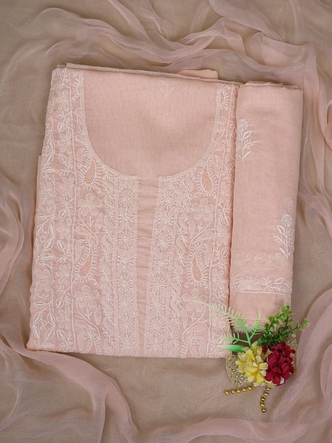 Ada Hand Embroidered Dusty Peach Cotton Lucknowi Chikankari Unstitched Suit Piece 01A773773