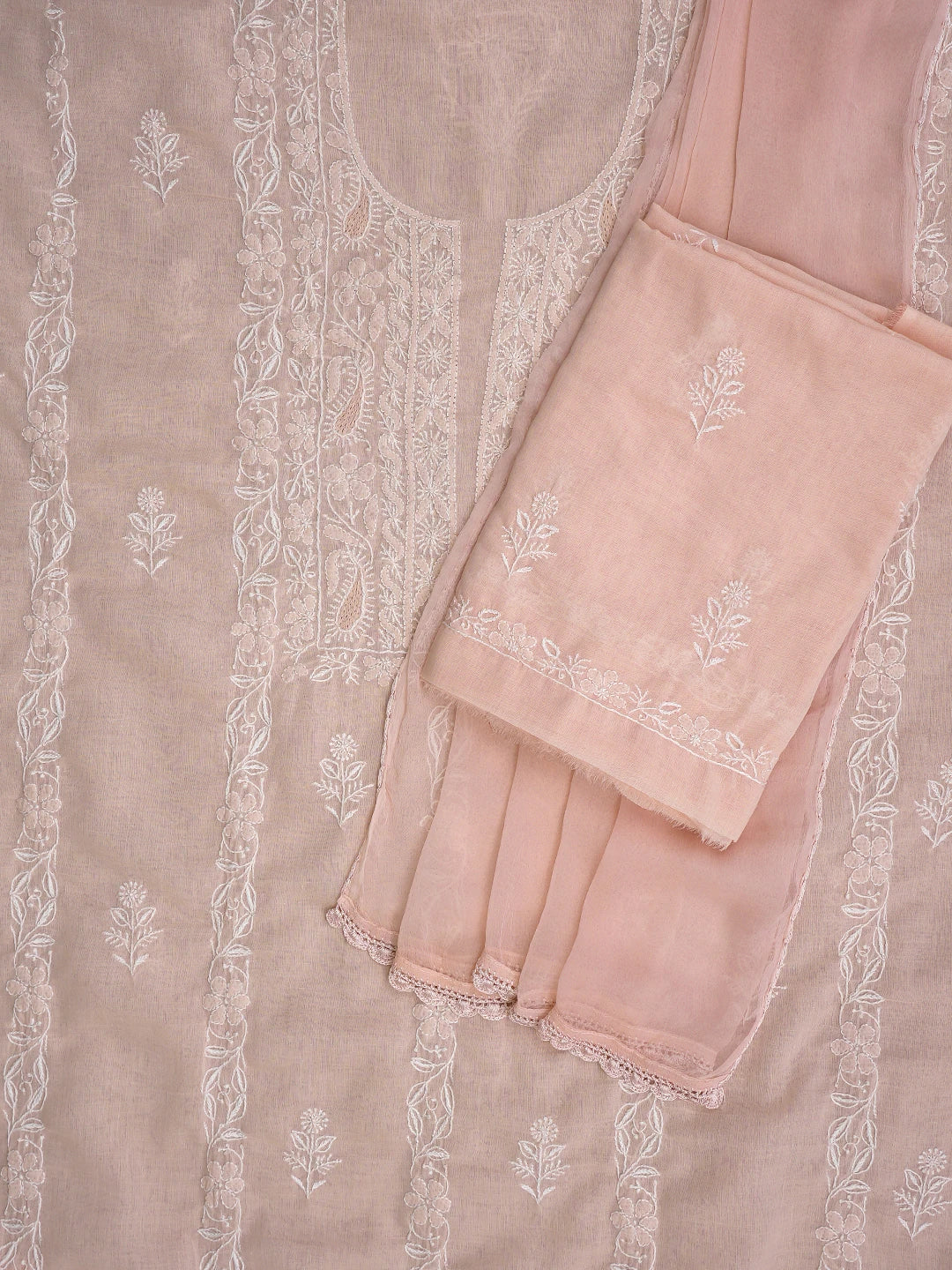 Ada Hand Embroidered Dusty Peach Cotton Lucknowi Chikankari Unstitched Suit Piece 01A773773