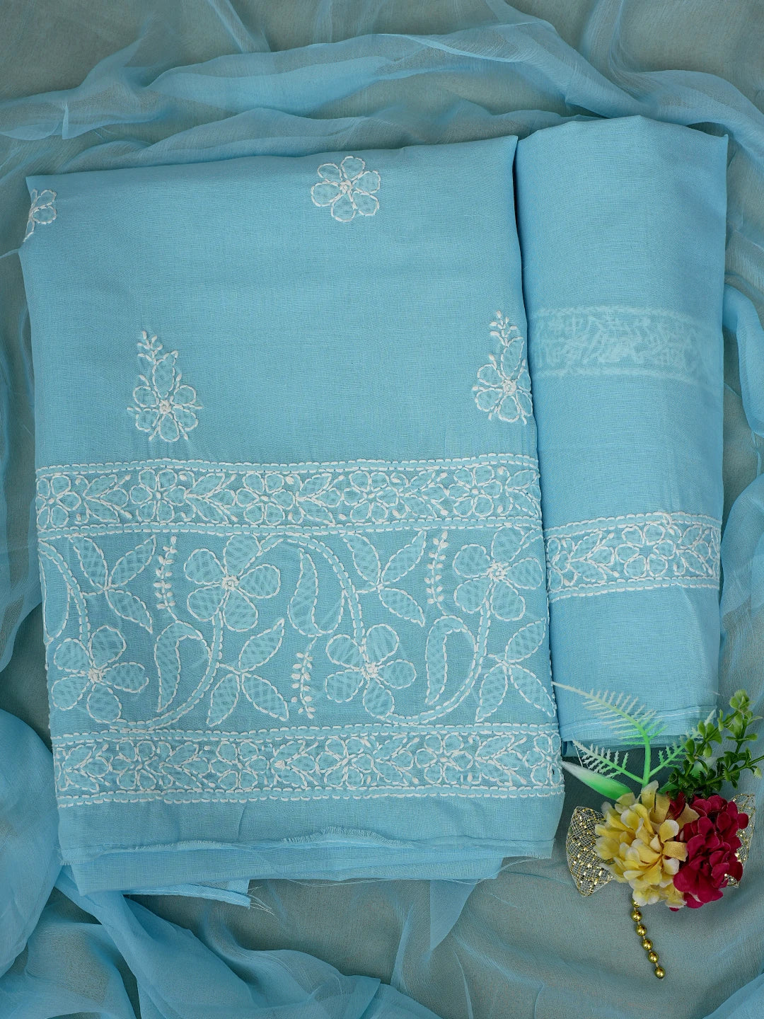Ada Hand Embroidered Blue Cotton Lucknowi Chikankari Unstitched Suit Piece 01A818703