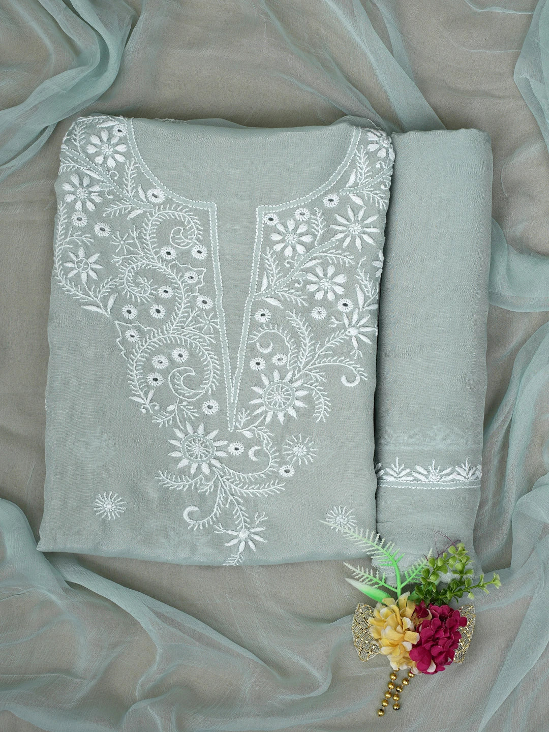 Ada Hand Embroidered Teal Green Muslin Lucknowi Chikankari Unstitched Suit Piece 01A855641