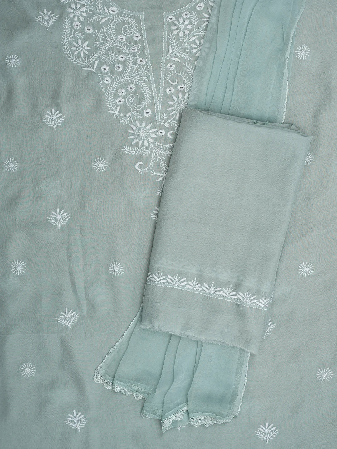 Ada Hand Embroidered Teal Green Muslin Lucknowi Chikankari Unstitched Suit Piece 01A855641
