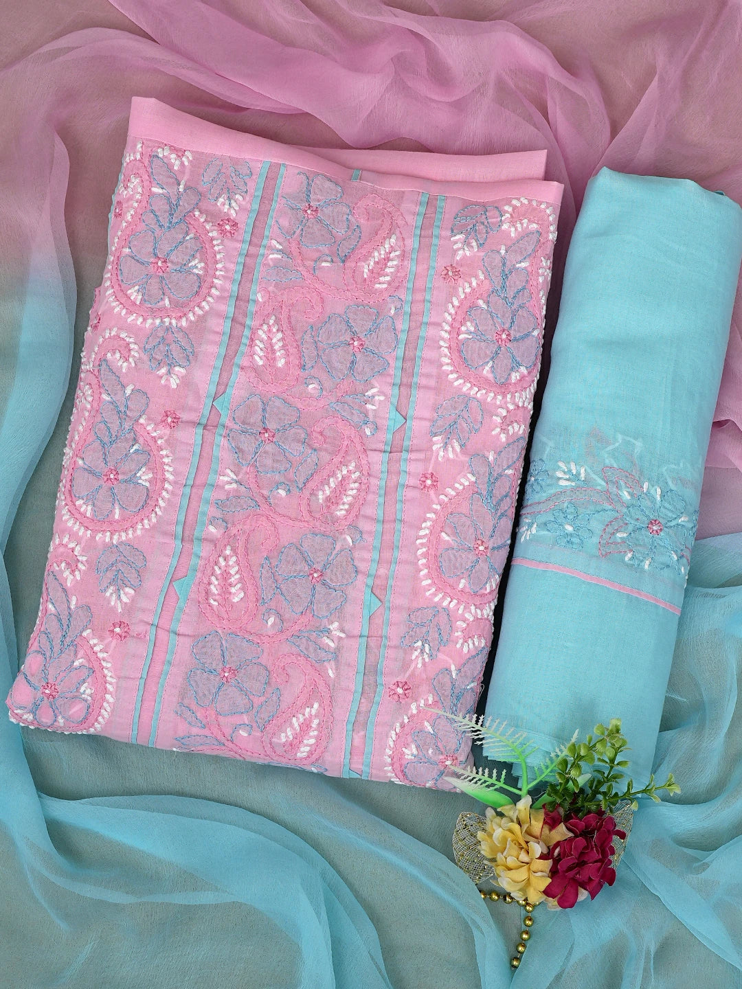 Ada Hand Embroidered Pink Cotton Lucknowi Chikankari Unstitched Suit Piece 01A821862