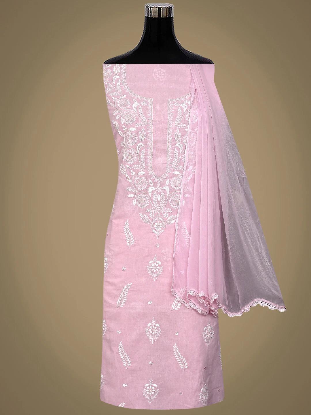 Ada Hand Embroidered Pink Cotton Lucknowi Chikankari Unstitched Suit Piece With Cutdana Work 01A790582