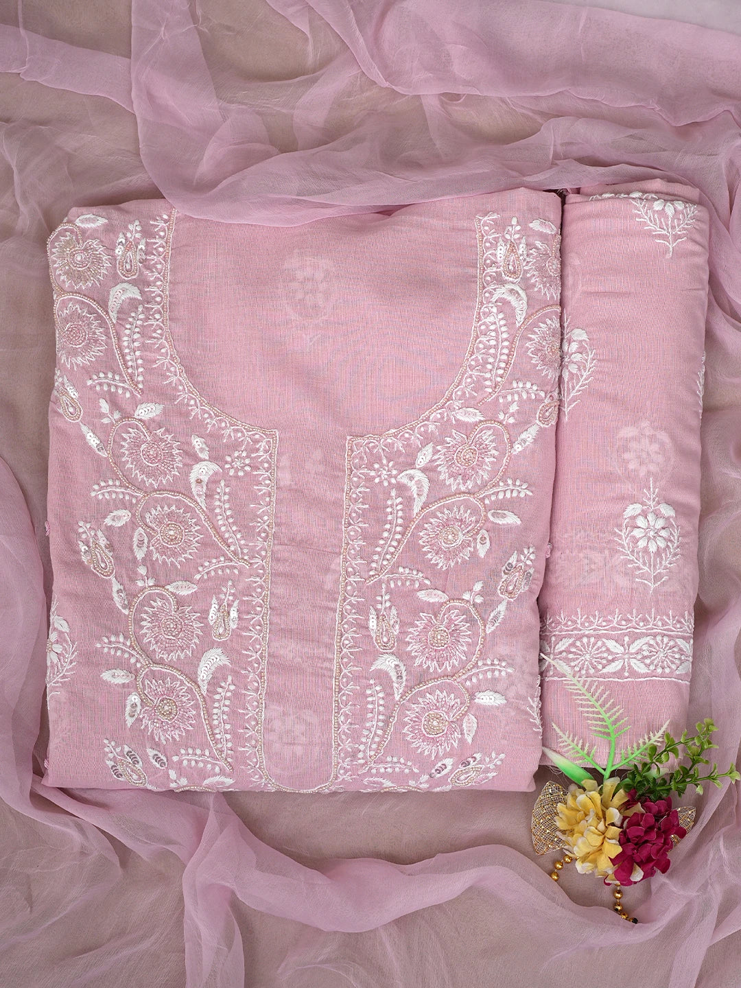 Ada Hand Embroidered Pink Cotton Lucknowi Chikankari Unstitched Suit Piece With Cutdana Work 01A790582