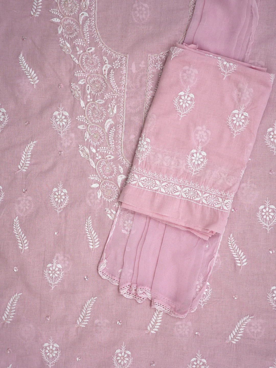 Ada Hand Embroidered Pink Cotton Lucknowi Chikankari Unstitched Suit Piece With Cutdana Work 01A790582