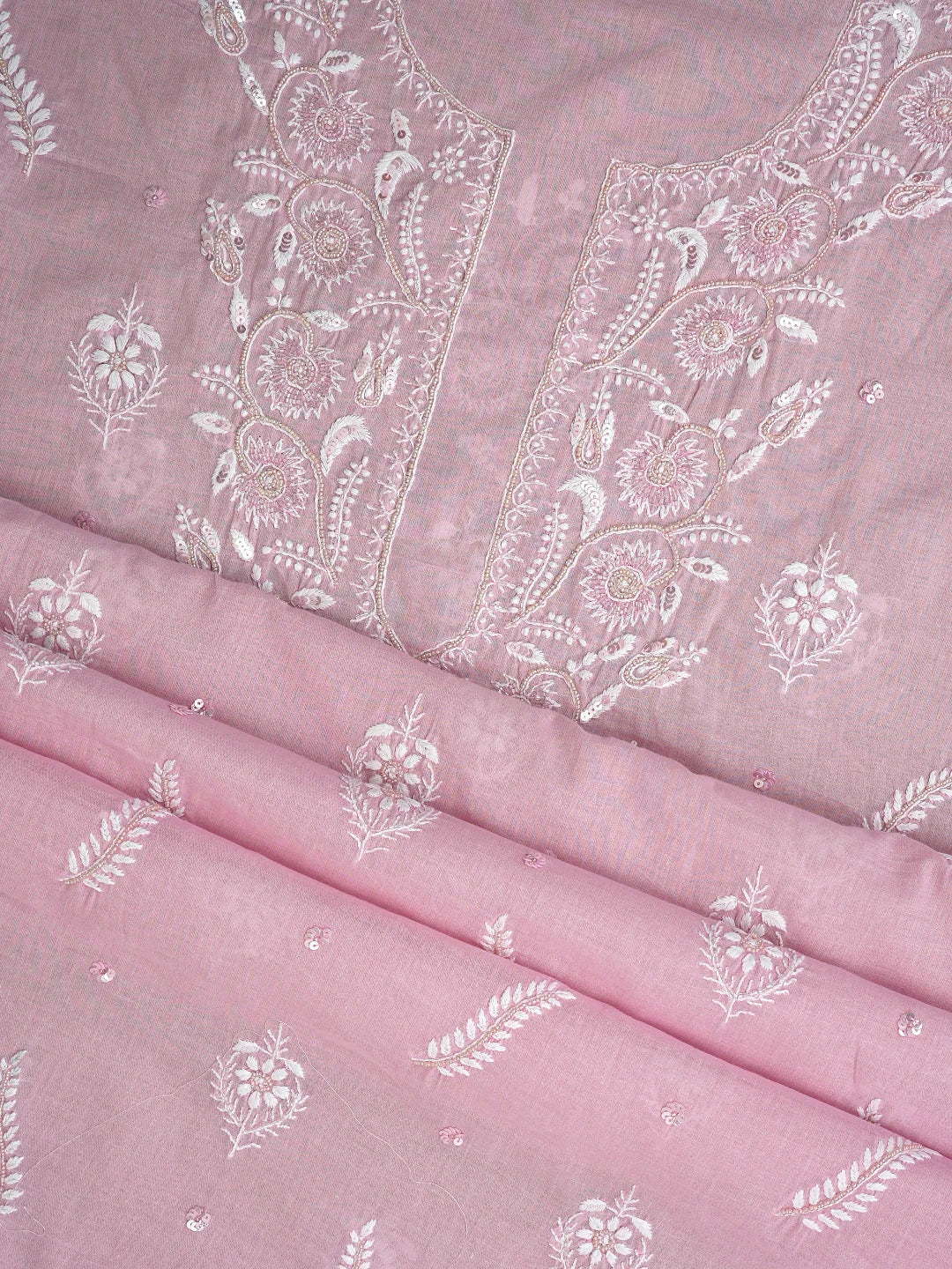 Ada Hand Embroidered Pink Cotton Lucknowi Chikankari Unstitched Suit Piece With Cutdana Work 01A790582