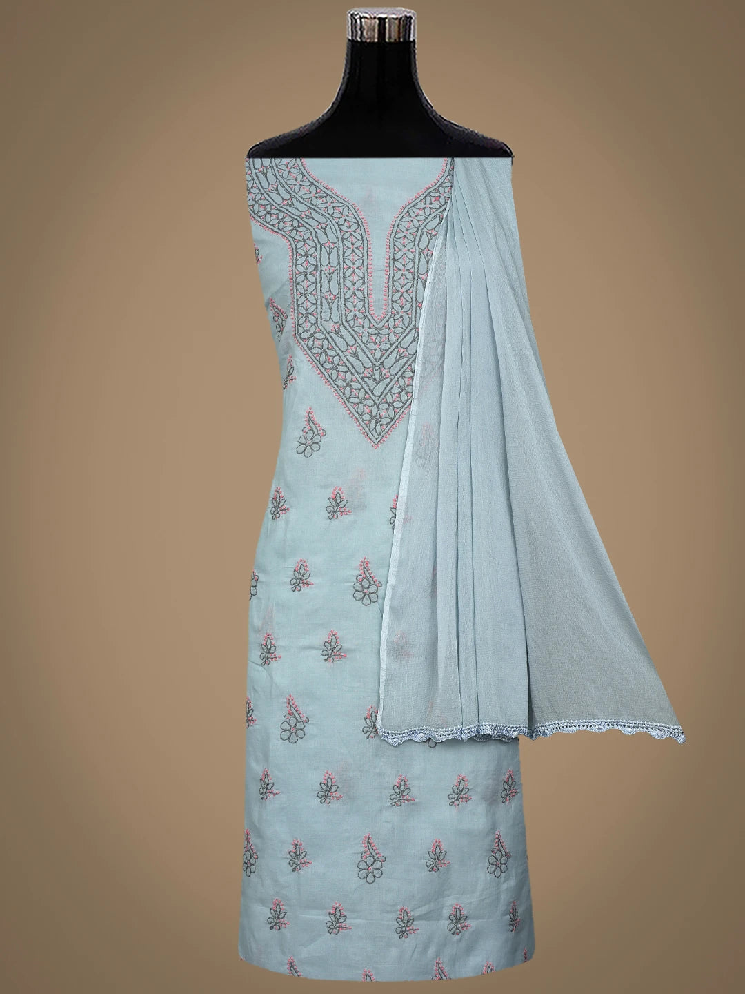 Ada Hand Embroidered Grey Cotton Lucknowi Chikankari Unstitched Suit Piece 01A861546