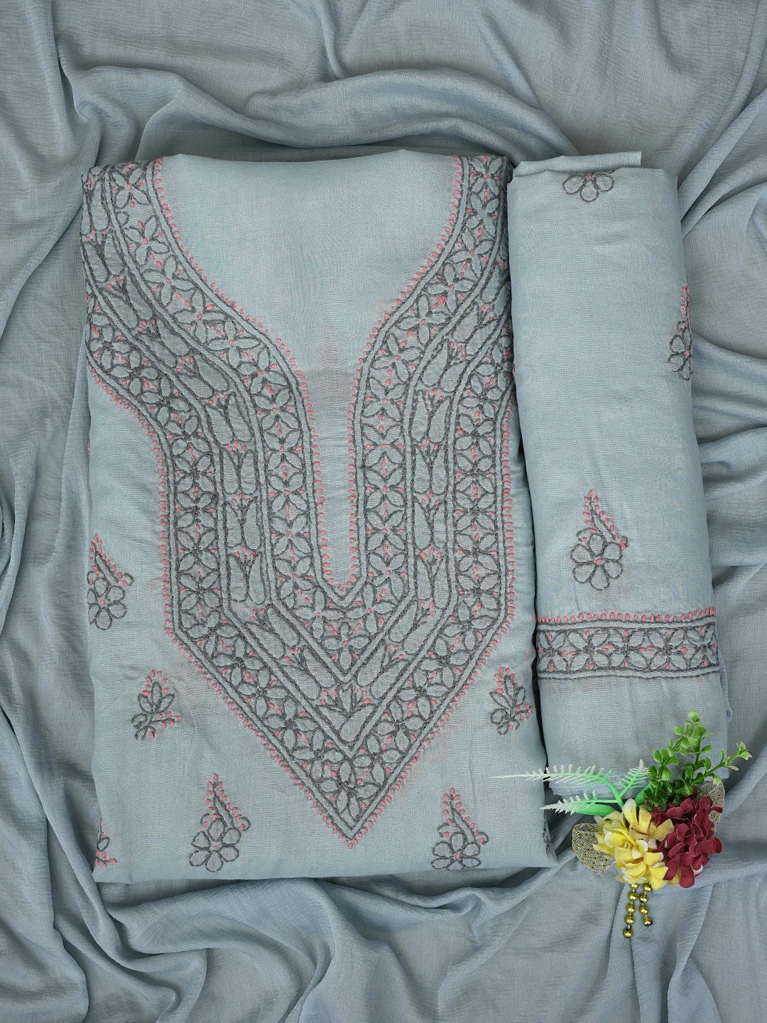Ada Hand Embroidered Grey Cotton Lucknowi Chikankari Unstitched Suit Piece 01A861546