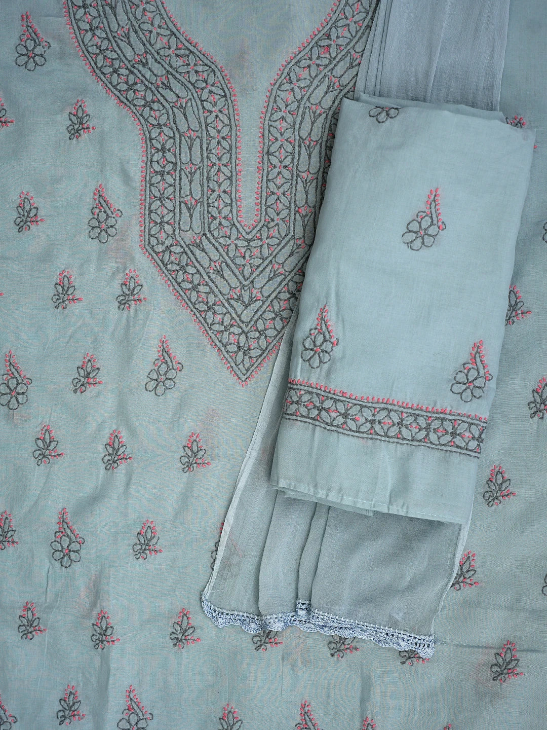 Ada Hand Embroidered Grey Cotton Lucknowi Chikankari Unstitched Suit Piece 01A861546