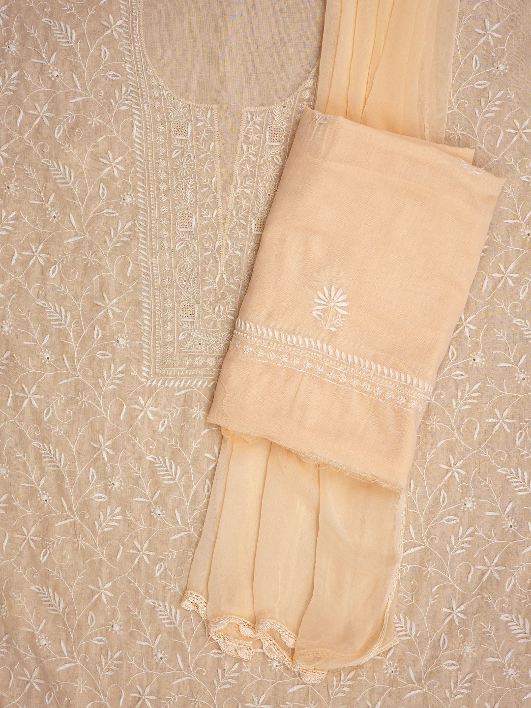 Ada Hand Embroidered Peach Cotton Lucknowi Chikankari Unstitched Suit Piece 01A376750