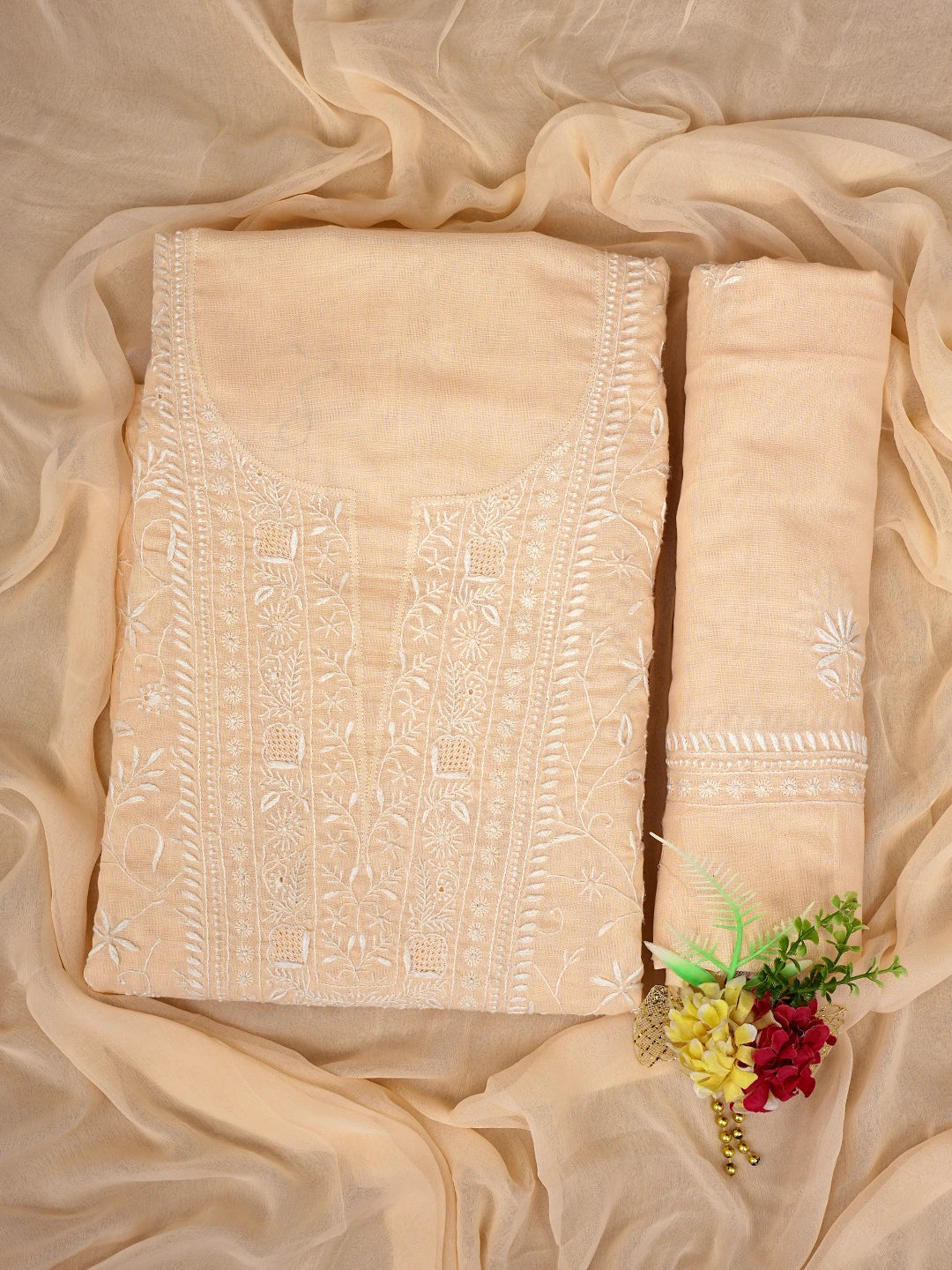 Ada Hand Embroidered Peach Cotton Lucknowi Chikankari Unstitched Suit Piece 01A376750