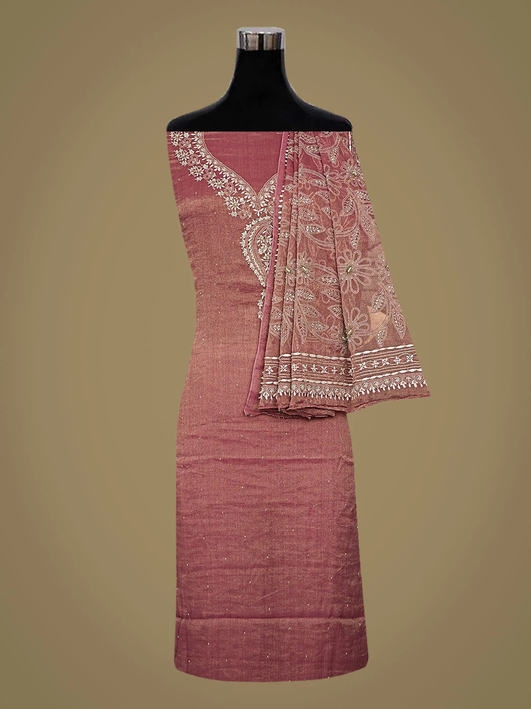 Ada Hand Embroidered Maroon Tissue Lucknowi Chikankari Unstitched Kurta Dupatta Set With Cutdana Work 08A500385