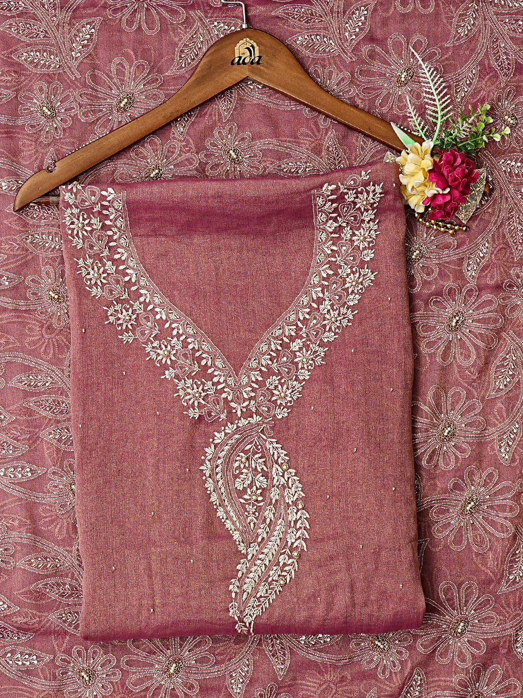 Ada Hand Embroidered Maroon Tissue Lucknowi Chikankari Unstitched Kurta Dupatta Set With Cutdana Work 08A500385