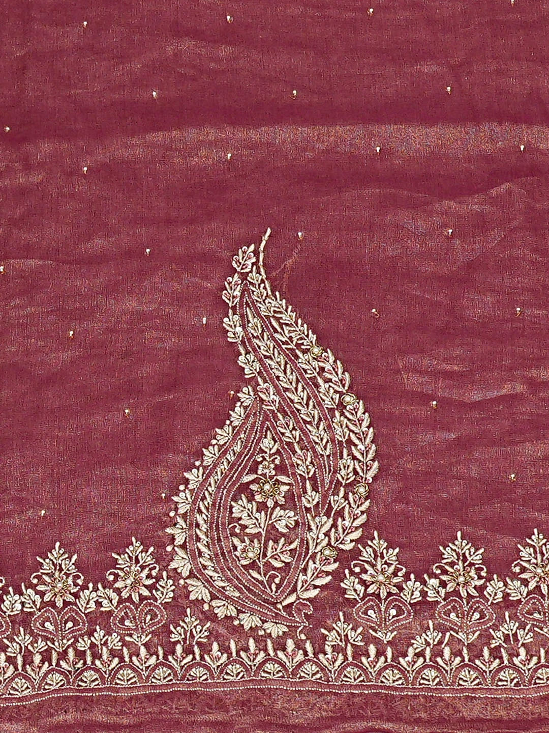 Ada Hand Embroidered Maroon Tissue Lucknowi Chikankari Unstitched Kurta Dupatta Set With Cutdana Work 08A500385