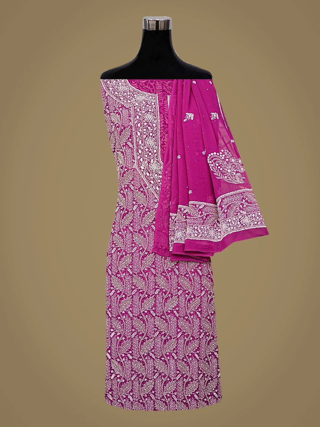 Ada Hand Embroidered Magenta Pure Georgette Lucknowi Chikankari Unstitched Kurta Dupatta Set With Pearl Work 01A361370