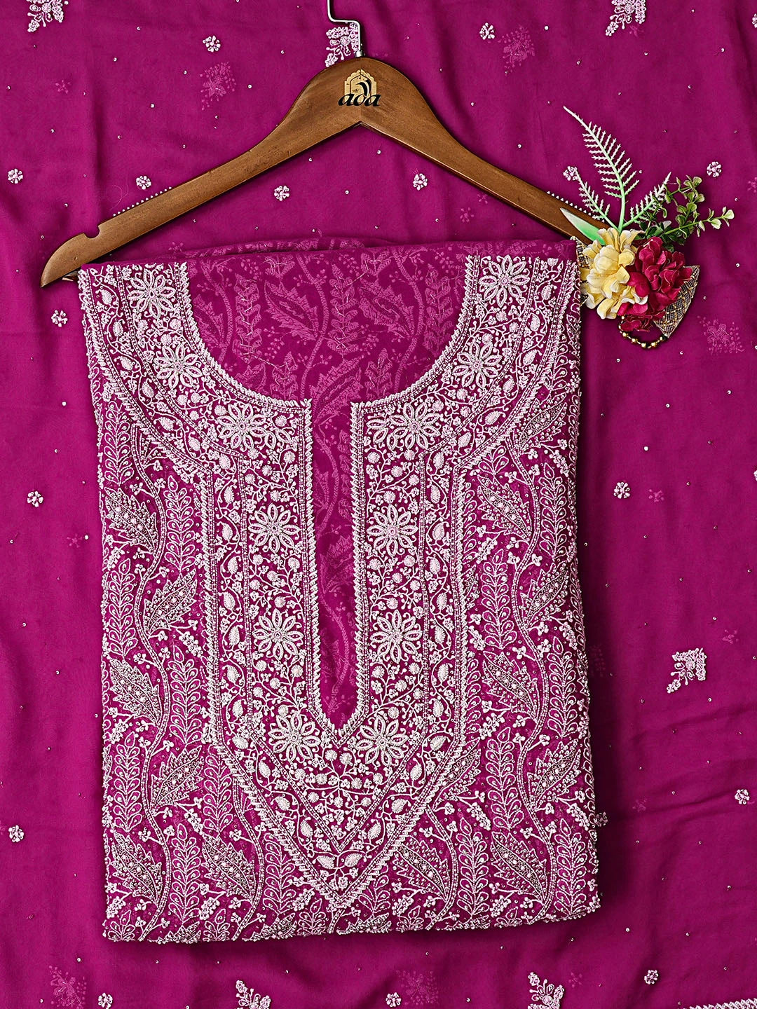 Ada Hand Embroidered Magenta Pure Georgette Lucknowi Chikankari Unstitched Kurta Dupatta Set With Pearl Work 01A361370