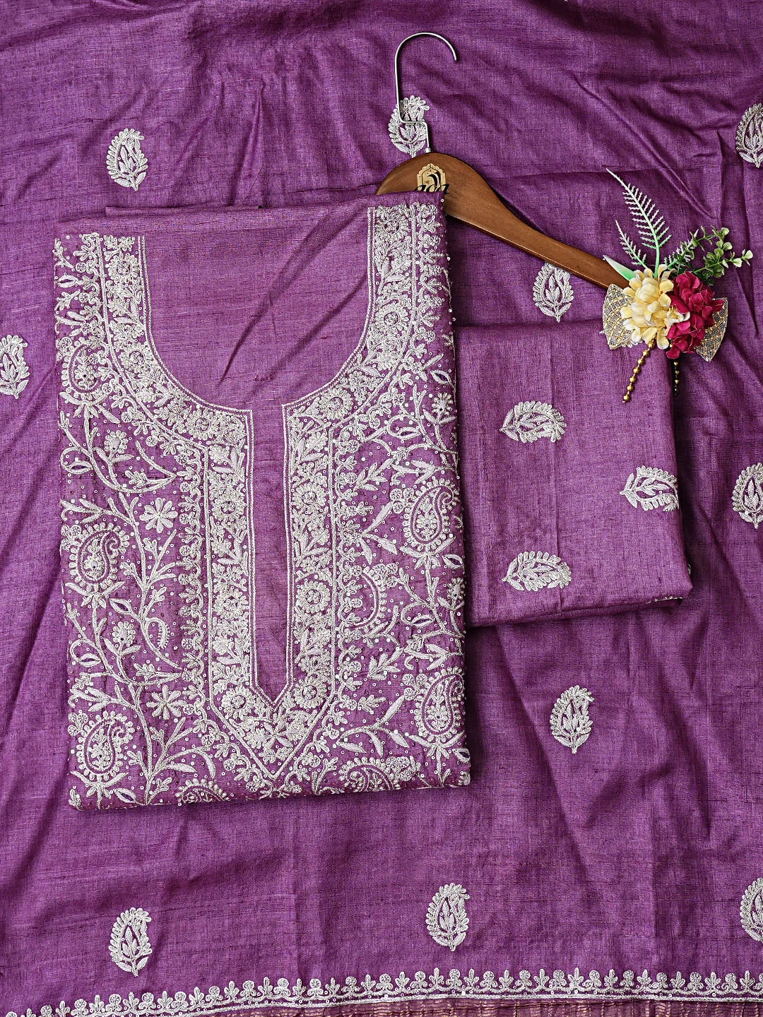 Ada Hand Embroidered Purple Silk Lucknowi Chikankari Unstitched Suit Piece With Sequinned Work 01A759852